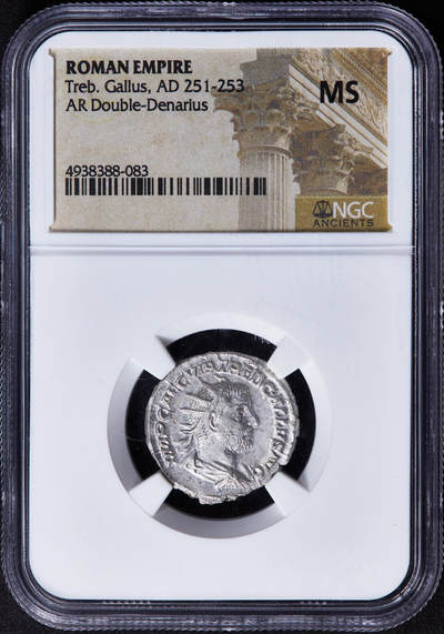【俄甄集藏】2025年(044)11-12星期三晚 19:30 全场包邮 - 古罗马帝国公元251年- 253年伽鲁斯罗马三世纪危机时期双第纳尔银币，NGC MS，正面皇帝冠面右像，背面幸运女神手持权杖，MS难得