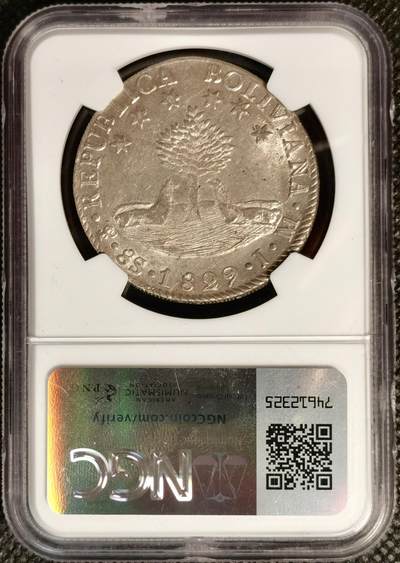 甄臻铺-世界币章拍卖（第38期）立冬小精品场，送拍享返佣金等优惠多多 NGC-AU58 1829年玻利维亚8索尔大银币 难得玻利维亚主币 不是常见的4索尔 8索尔麦稀奇基本没有记录 经典的南美洲品种 正面为民族英雄西蒙·玻利瓦尔 独立革命运动的见证 浓郁南美洲风情