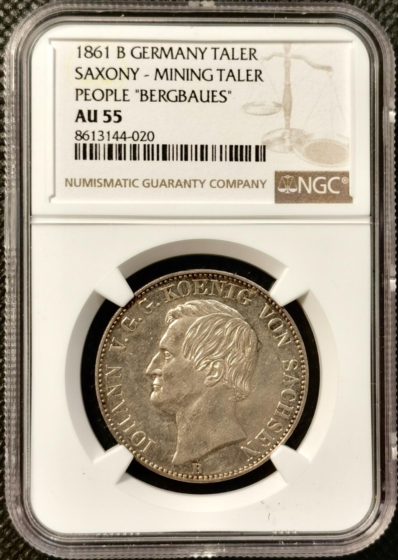甄臻铺-世界币章拍卖（第38期）立冬小精品场，送拍享返佣金等优惠多多 NGC-AU55 1861年德国萨克森矿业泰勒银币淡淡包浆细节很好
