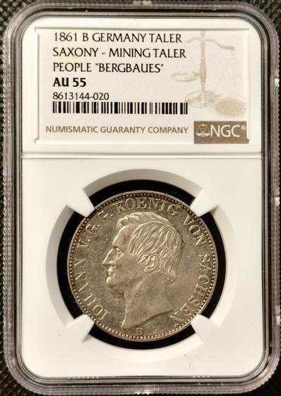 甄臻铺-世界币章拍卖（第38期）立冬小精品场，送拍享返佣金等优惠多多 - NGC-AU55 1861年德国萨克森矿业泰勒银币淡淡包浆细节很好