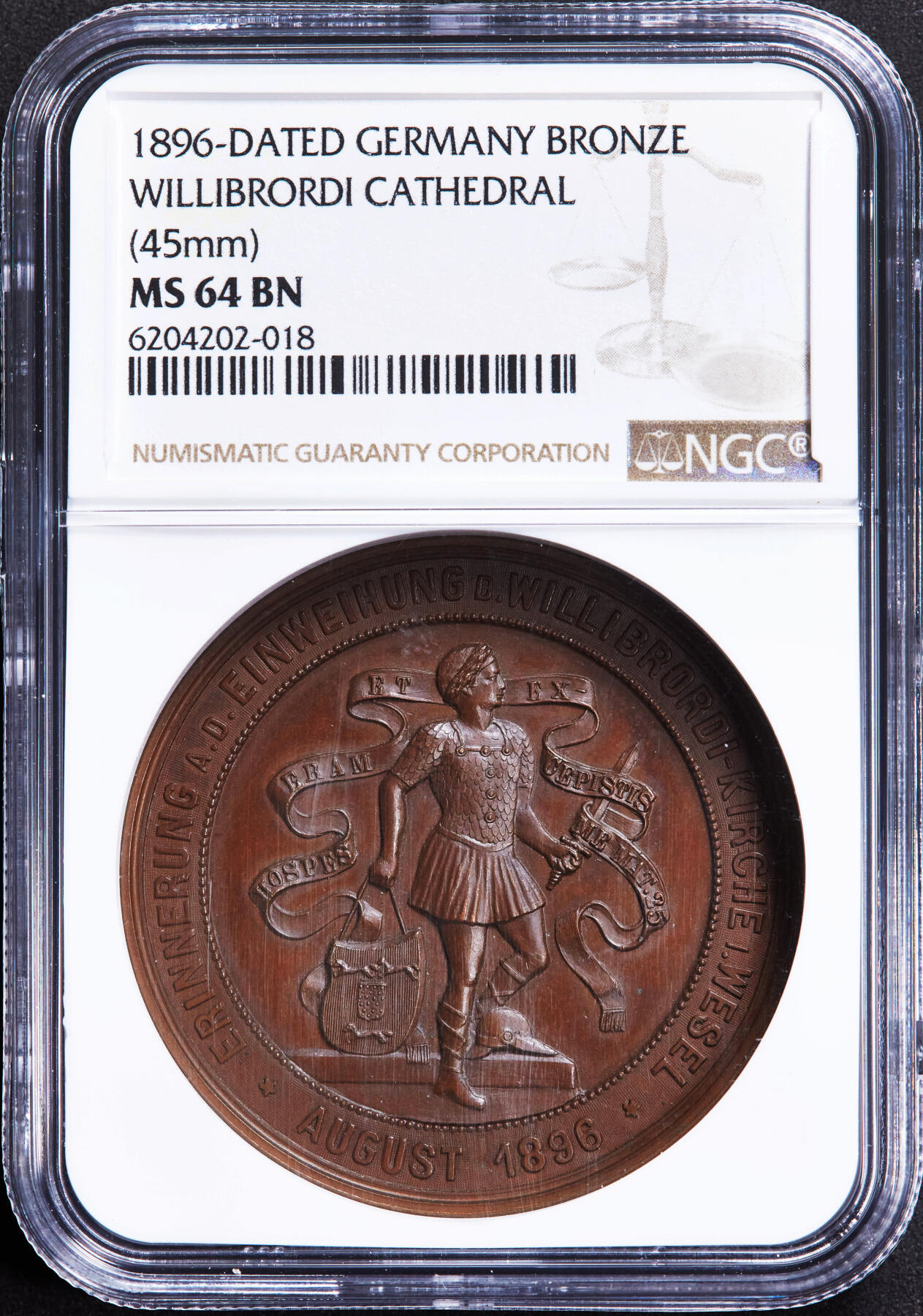 【俄甄集藏】2025年(044)11-12星期三晚 19:30 全场包邮 德国1896年纪念威斯特法伦威利布罗德大教堂的落成大铜章，NGC MS64，高浮雕，巧克力包浆，状态极佳