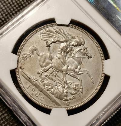 甄臻铺-世界币章拍卖（第38期）立冬小精品场，送拍享返佣金等优惠多多 NGC-PF65MATTE 1902年英国爱德华七世马剑1克朗大银币 精制MATTE 完美原盒状态 爱七克朗达到65的难度和64相比堪称两个世界