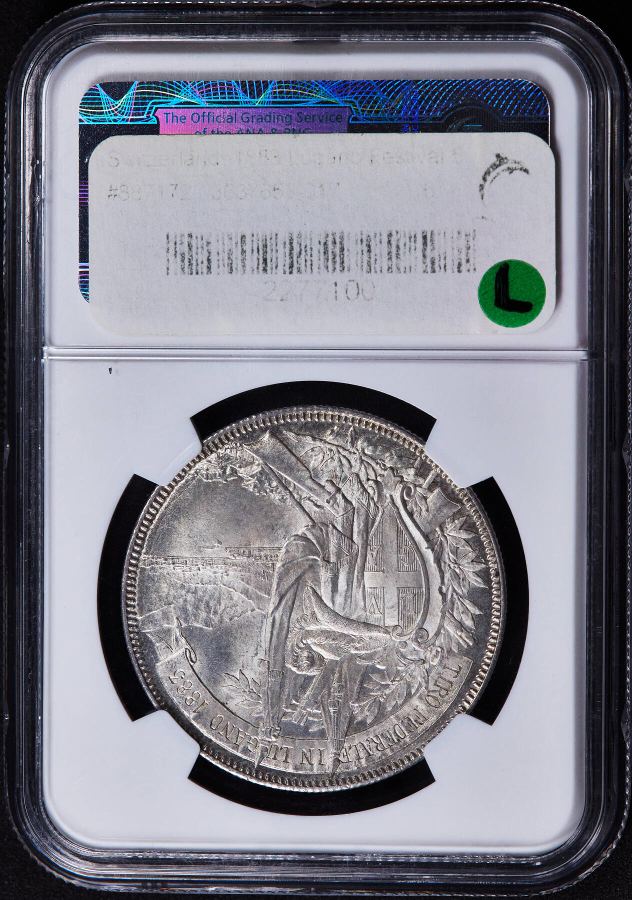 【俄甄集藏】2025年(044)11-12星期三晚 19:30 全场包邮 瑞士1883年卢伽诺射击节5法郎大银币，NGC MS65，黄油彩转光，顶级品相，经典品种