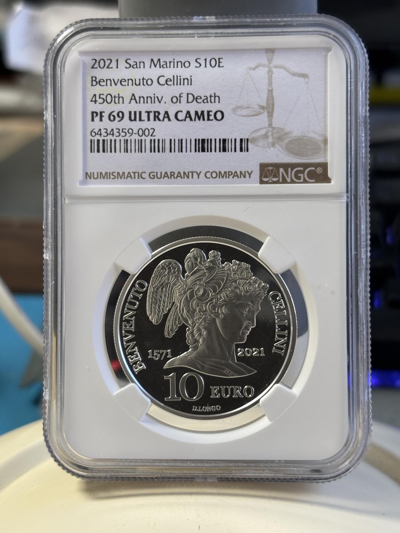 第181期拍卖 圣马力诺2021年雕塑家切利尼逝世450周年银币 NGC PF69，925银，22克