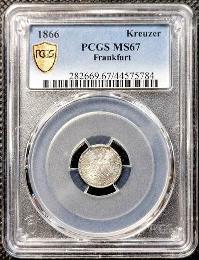 甄臻铺-世界币章拍卖（第38期）立冬小精品场，送拍享返佣金等优惠多多 NGC MS67 1866年德国法兰克福1克鲁泽银币。非常难得的高分，法兰克福经典双鹰徽章，底板如丝绸般细腻有光泽。无瑕疵的一枚精品。