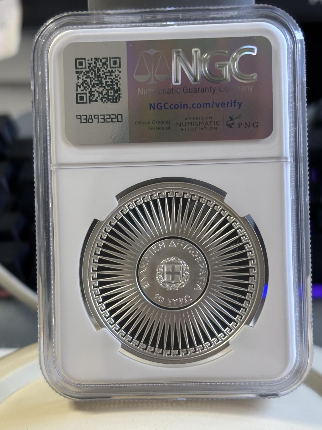 第181期拍卖 希腊2024年文化系列数学家埃拉托斯特尼10欧精制纪念银币NGC PF69原盒证书，34.1克，925银，发行2000枚