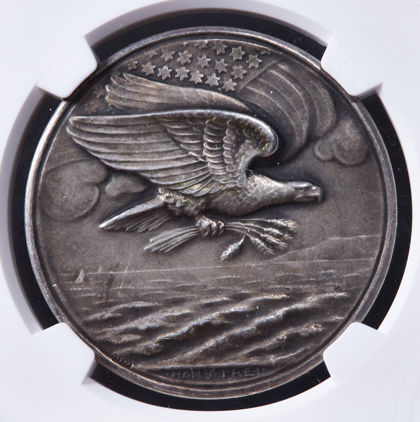 【俄甄集藏】2025年(044)11-12星期三晚 19:30 全场包邮 瑞士1918年感谢美国参战一战协约国胜利银章，NGC MS63，保存完好，原味老包浆，舔狗系列