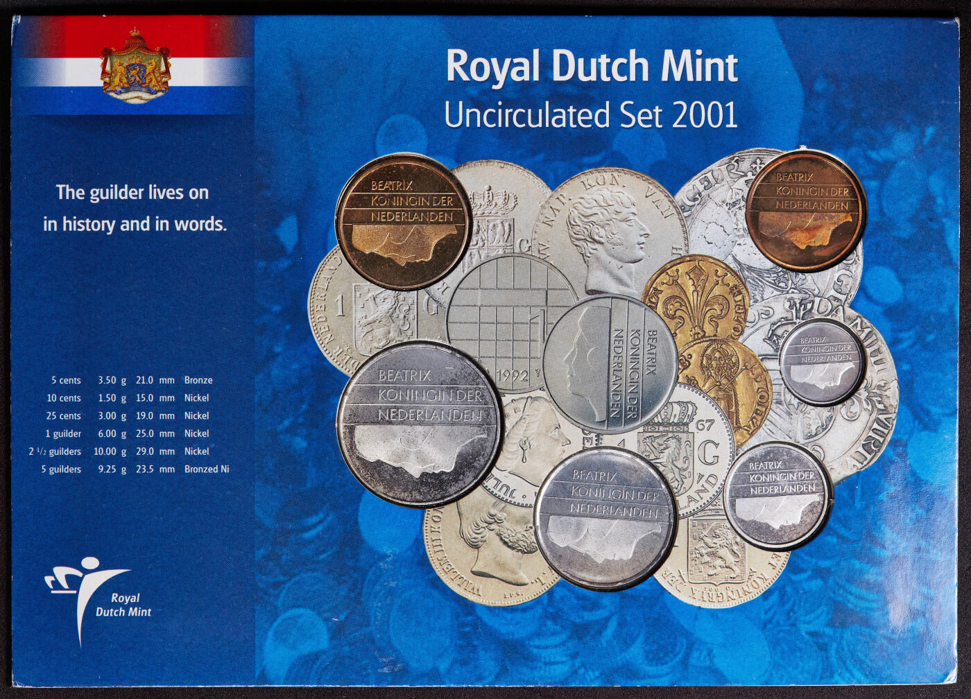 【俄甄集藏】2025年(044)11-12星期三晚 19:30 全场包邮 荷兰2001年欧元前5分-5盾硬币6枚套，卡装，最后的荷兰盾