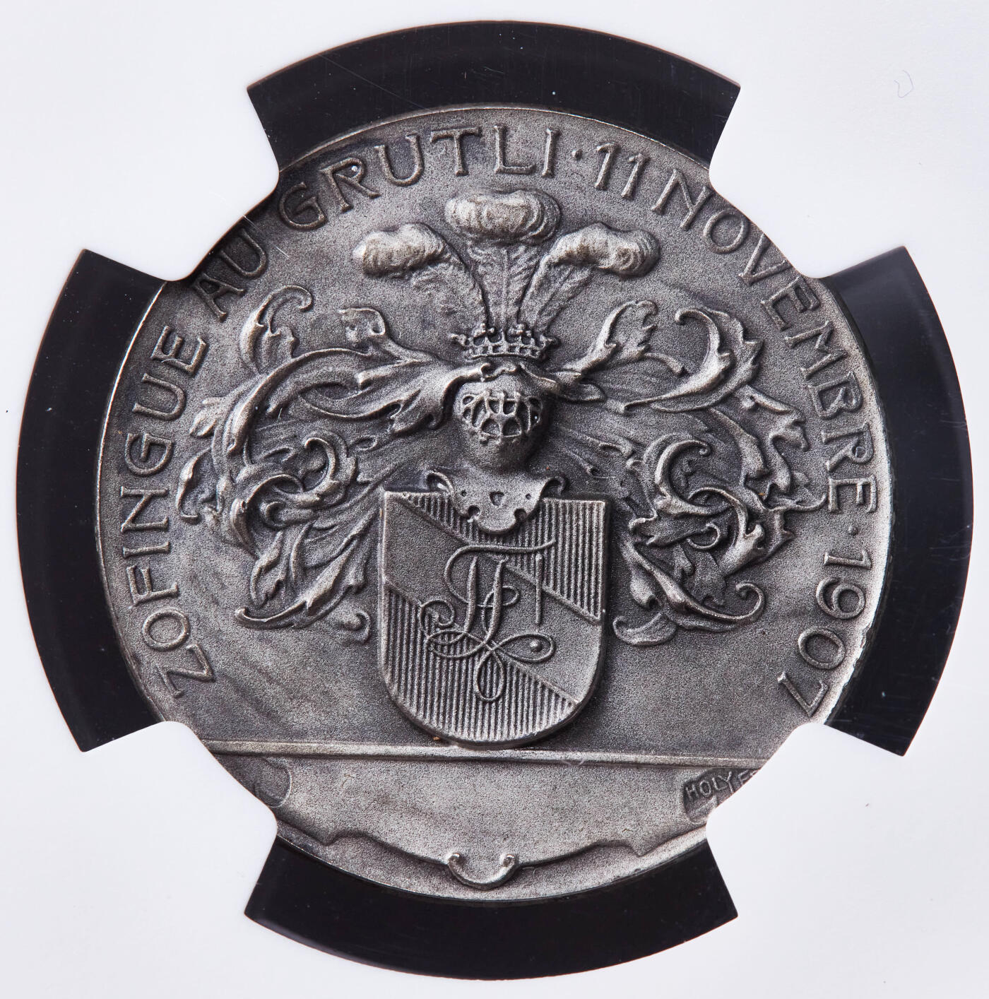 【俄甄集藏】2025年(044)11-12星期三晚 19:30 全场包邮 瑞士1907年纪念威廉·退尔在乌里抵抗奥地利哈布斯堡王朝胜利600周年银章，NGC MS64，酱彩包浆，磨砂底板