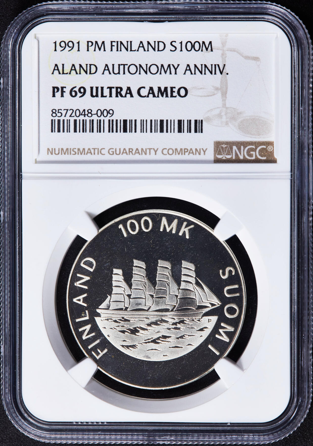 【俄甄集藏】2025年(044)11-12星期三晚 19:30 全场包邮 芬兰1991年纪念奥兰群岛自治70周年100马克精制银币，NGC PF69UC，重24克，92.5%银，发行量7000枚，总筋品种，稀少