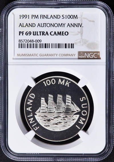 【俄甄集藏】2025年(044)11-12星期三晚 19:30 全场包邮 - 芬兰1991年纪念奥兰群岛自治70周年100马克精制银币，NGC PF69UC，重24克，92.5%银，发行量7000枚，总筋品种，稀少