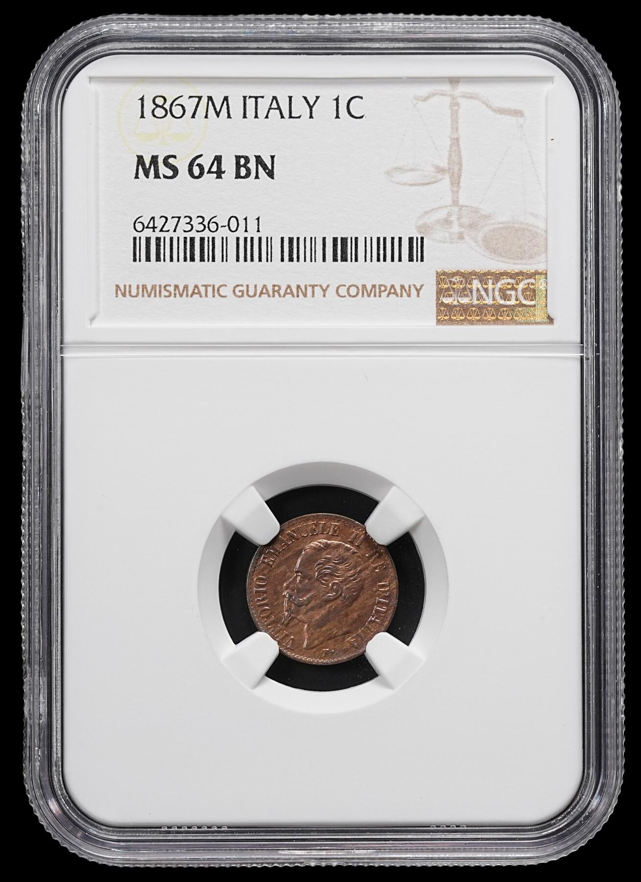 修遠堂世界钱币第九十二期 NGC MS64BN 1867年意大利1分