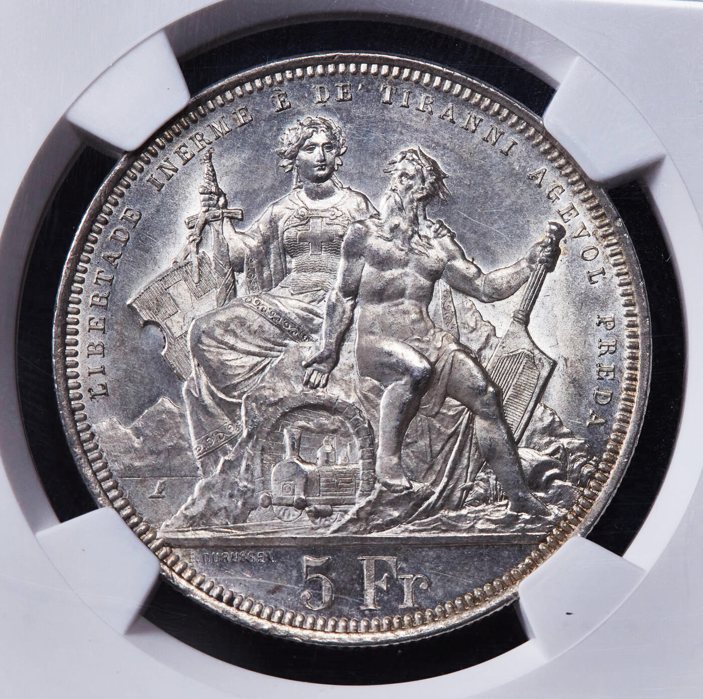 【俄甄集藏】2025年(044)11-12星期三晚 19:30 全场包邮 瑞士1883年卢伽诺射击节5法郎大银币，NGC MS65，黄油彩转光，顶级品相，经典品种