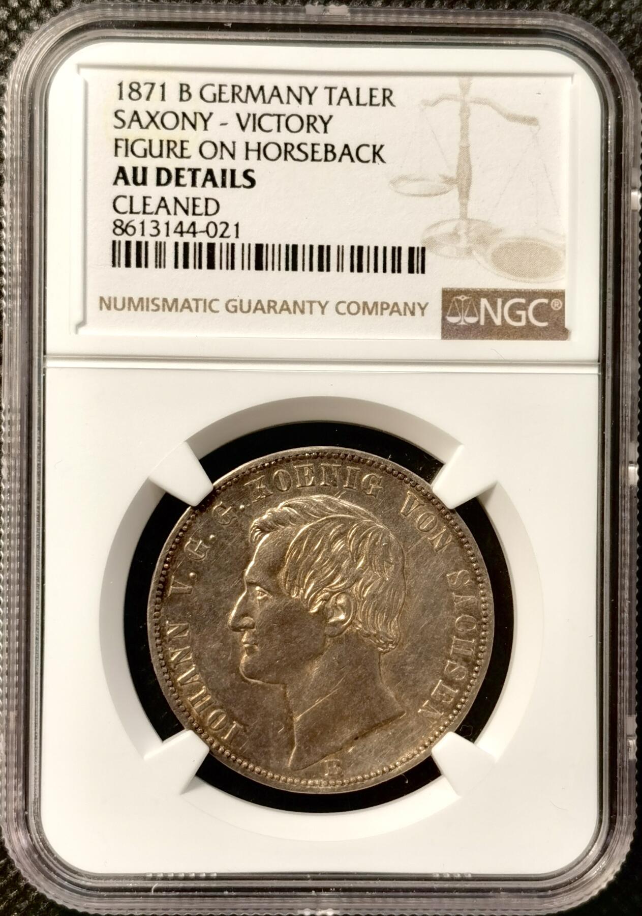 甄臻铺-世界币章拍卖（第38期）立冬小精品场，送拍享返佣金等优惠多多 NGC-AUD 1871年德国萨克森胜利泰勒银币，淡淡金色包浆
