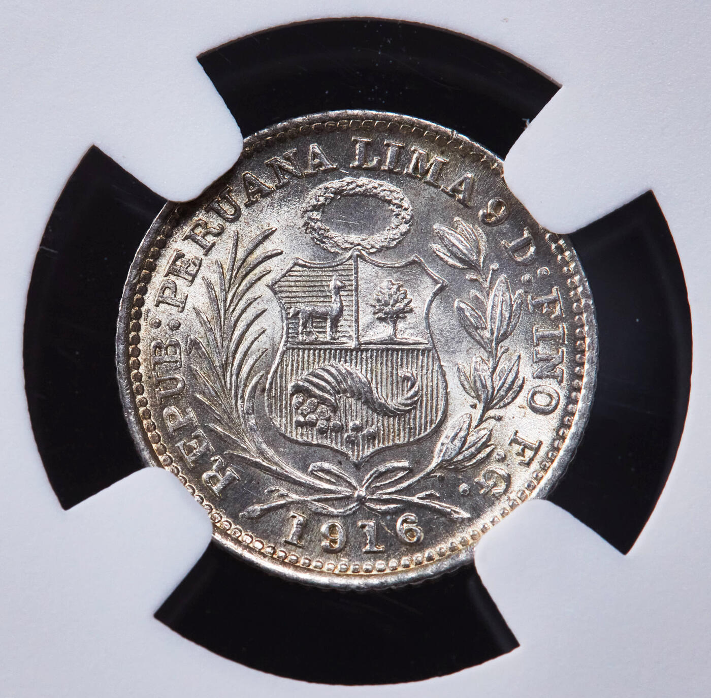 【俄甄集藏】2025年(044)11-12星期三晚 19:30 全场包邮 秘鲁1916年FG版女神1/2迪内罗银币，NGC MS65，黄油彩，转光品相，顶级状态