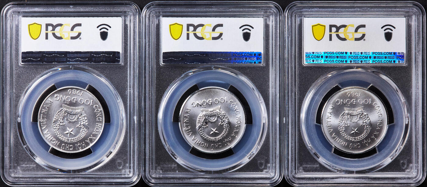 【俄甄集藏】2025年(044)11-12星期三晚 19:30 全场包邮 越南1986年纪念冬奥会、足球世界杯、夏季奥运会100盾银币体育银币3枚一套，PCGS MS68-MS69，总重30克，999银，体育题材里的名誉品种