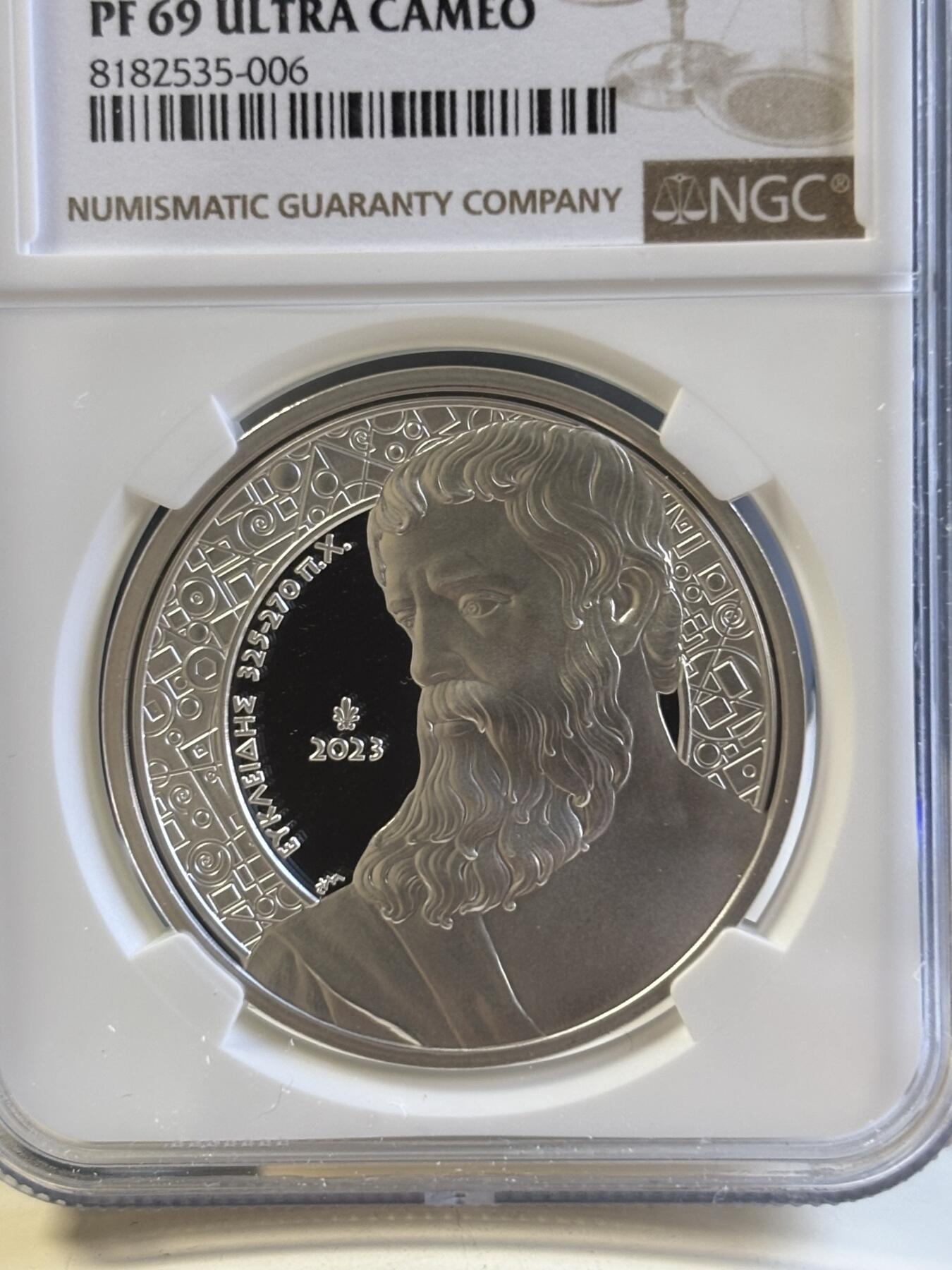 第181期拍卖  2023年希腊发行希腊文化系列--数学家欧几里得10欧元局部彩色精制纪念银币 NGC PF69原盒证书，34.1克，925银，发行1500枚