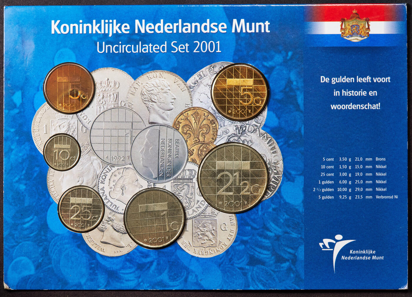 【俄甄集藏】2025年(044)11-12星期三晚 19:30 全场包邮 荷兰2001年欧元前5分-5盾硬币6枚套，卡装，最后的荷兰盾