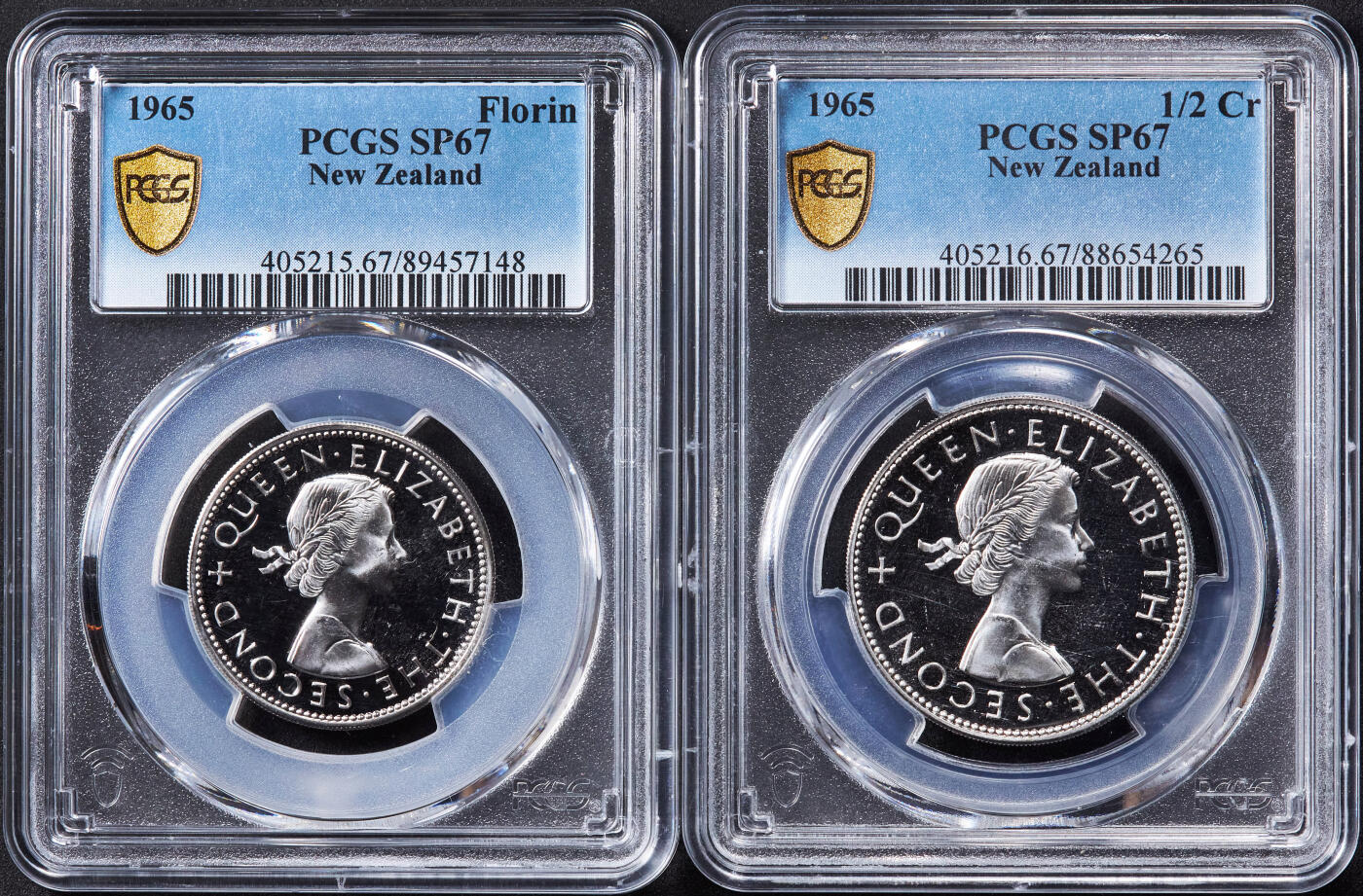【俄甄集藏】2025年(044)11-12星期三晚 19:30 全场包邮 新西兰1965年伊丽莎白二世类精制硬币1/2便士-1/2克朗5枚一组，PCGS SP67-SP68，发行量25000套，热门品种