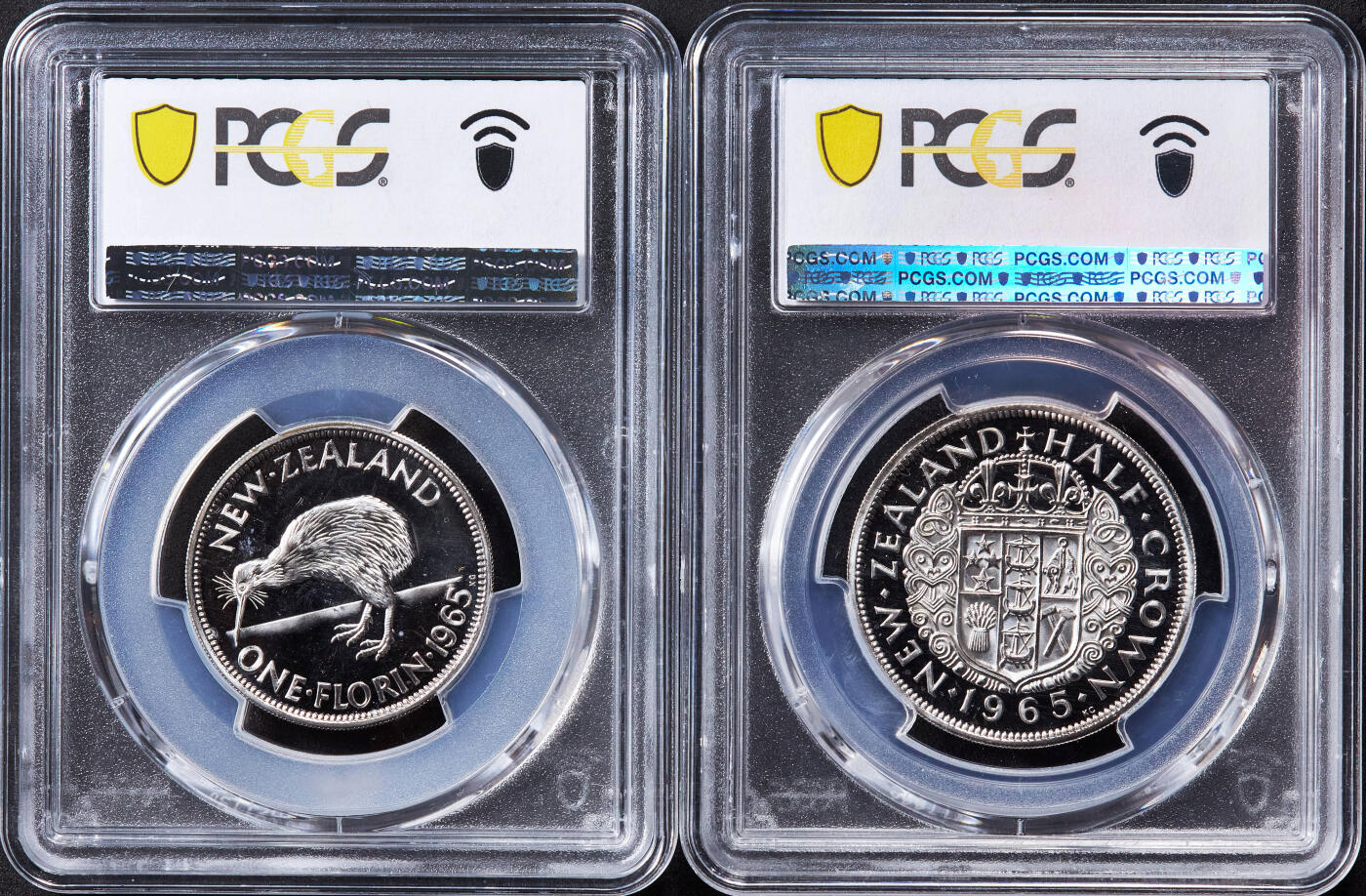 【俄甄集藏】2025年(044)11-12星期三晚 19:30 全场包邮 新西兰1965年伊丽莎白二世类精制硬币1/2便士-1/2克朗5枚一组，PCGS SP67-SP68，发行量25000套，热门品种