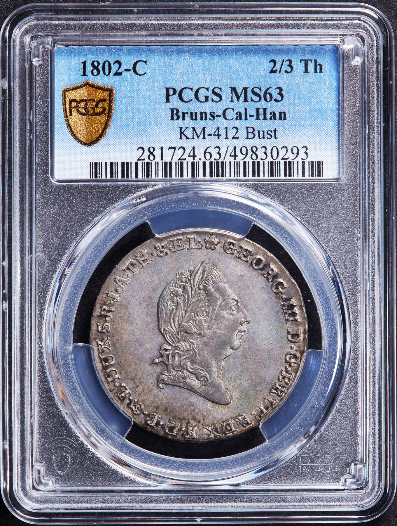 【俄甄集藏】2025年(044)11-12星期三晚 19:30 全场包邮 德国不伦瑞克-吕内堡-卡伦伯格-卡伦伯格1802年乔治三世C版2/3泰勒银币，PCGS MS63，亚军，黄油五彩老包浆，原光品相，少见品种