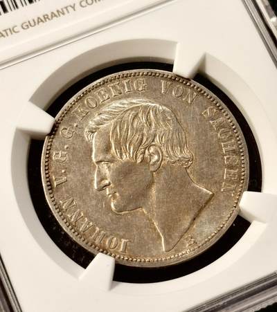 甄臻铺-世界币章拍卖（第38期）立冬小精品场，送拍享返佣金等优惠多多 NGC-AUD 1871年德国萨克森胜利泰勒银币 金色包浆 热门品种 状态还不错