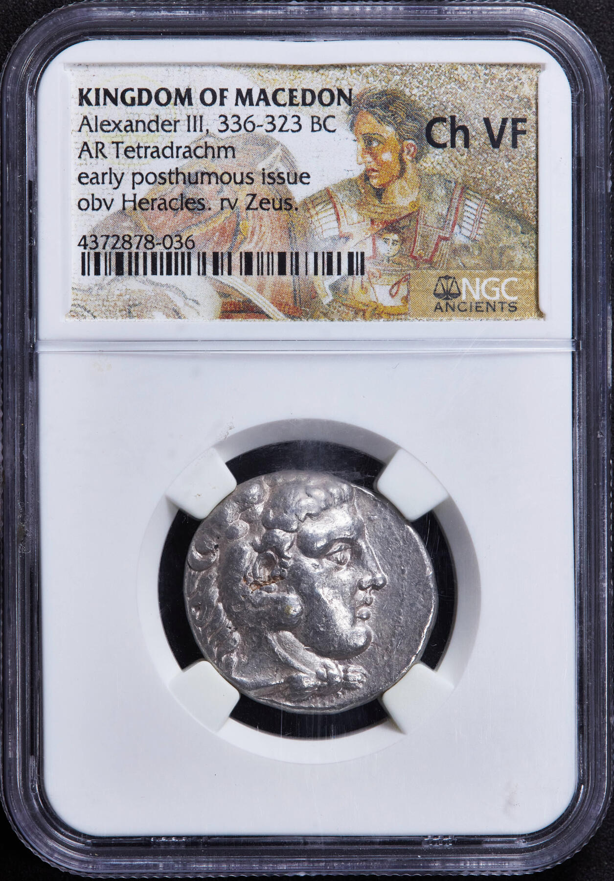 【俄甄集藏】2025年(044)11-12星期三晚 19:30 全场包邮 古希腊马其顿王国公元前356年—前323年6月亚历山大大帝大力神4德拉克马胜利女神银币，NGC ChVF，塔索斯城打制，正面大力神赫拉克勒斯狮皮盔面右像，背面宙斯托鹰面左坐像，左下胜利女神耐克向宙斯手举花环，该枚属于大力神稀有版式，味道佳