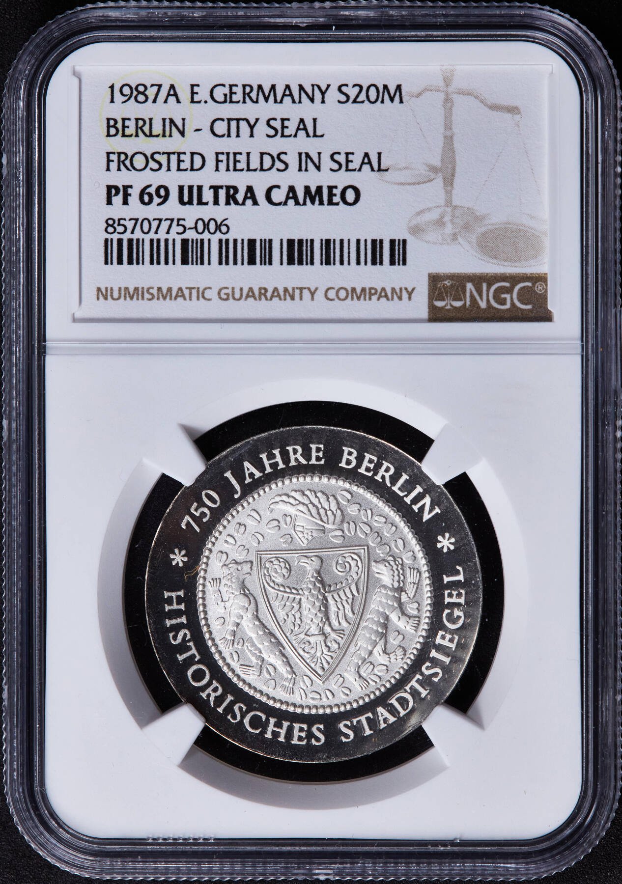 【俄甄集藏】2025年(044)11-12星期三晚 19:30 全场包邮 民主德国（东德）1987年A版纪念柏林建城750周年20马克精制银币，NGC PF69UC，毫无疑问冠军，重20.9克，62.5%银，发行量2100枚，东德精制币里的名誉品种，稀有