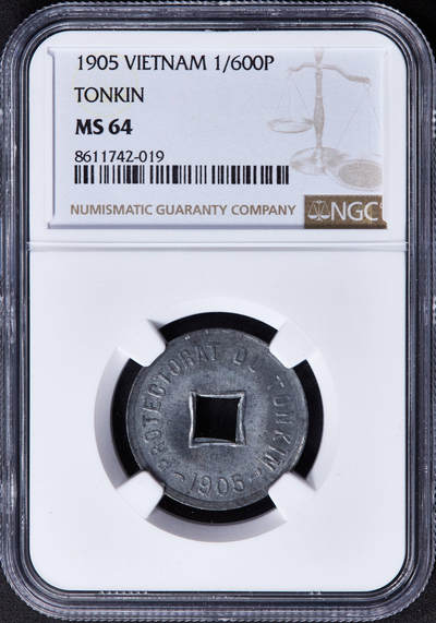 【俄甄集藏】2025年(044)11-12星期三晚 19:30 全场包邮 - 法属印度支那东京湾1905年1/600皮阿斯特锌币，NGC MS64，原光品相
