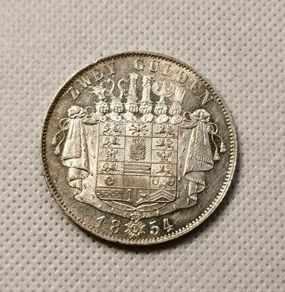 甄臻铺-世界币章拍卖（第38期）立冬小精品场，送拍享返佣金等优惠多多 德国 1854 萨克森-梅宁根 伯恩哈德二世 2盾 稀少品种 转光包浆都很不错 品相同样难得