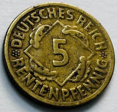 文馨钱币收藏第 279 场，银币，纪念铜章场 长期接收代拍品 - 稀少 1924 年魏玛德国 地产抵押马克时期 5 芬尼 A 厂，只发行三年