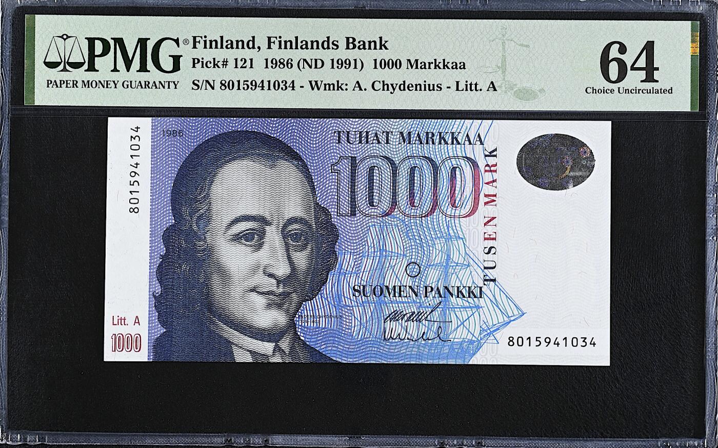 《艾美收藏》第219期-11.9周日外币畅拍场 芬兰1000马克 PMG64 末版 芬兰议员屈德纽斯  剪壳裸币收藏首选