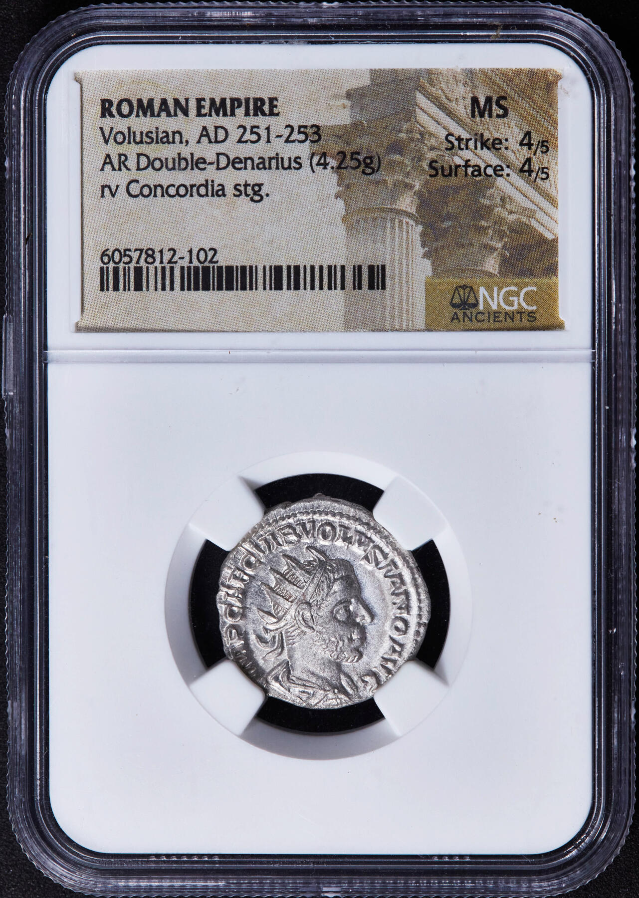 【俄甄集藏】2025年(044)11-12星期三晚 19:30 全场包邮 古罗马帝国公元251-252年沃鲁西安努斯公帝时期双第纳尔谐女神银币，NGC MS(Str 4/5, Sur 4/5)，,罗马造币厂打制，正面沃鲁西安努斯芒冠胸像，币文为“最高统帅，凯撒·沃鲁西安努斯·奥古斯都“；背面和谐女神手持祭盘和丰饶角，币文为“奥古斯都们的和谐”，少见MS美品