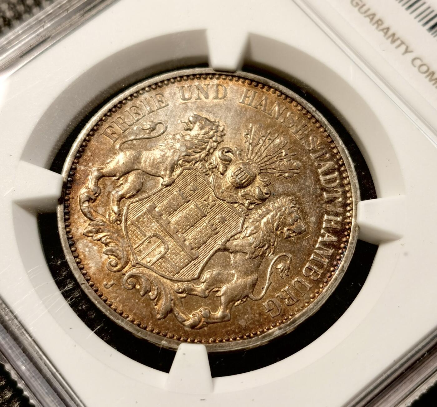甄臻铺-世界币章拍卖（第38期）立冬小精品场，送拍享返佣金等优惠多多 NGC-AU58 德国汉堡自由市1911年3马克银币，原汁原味黄油彩老包浆，包浆醇厚，状态极佳，状态和品质绝对不输MS级。
