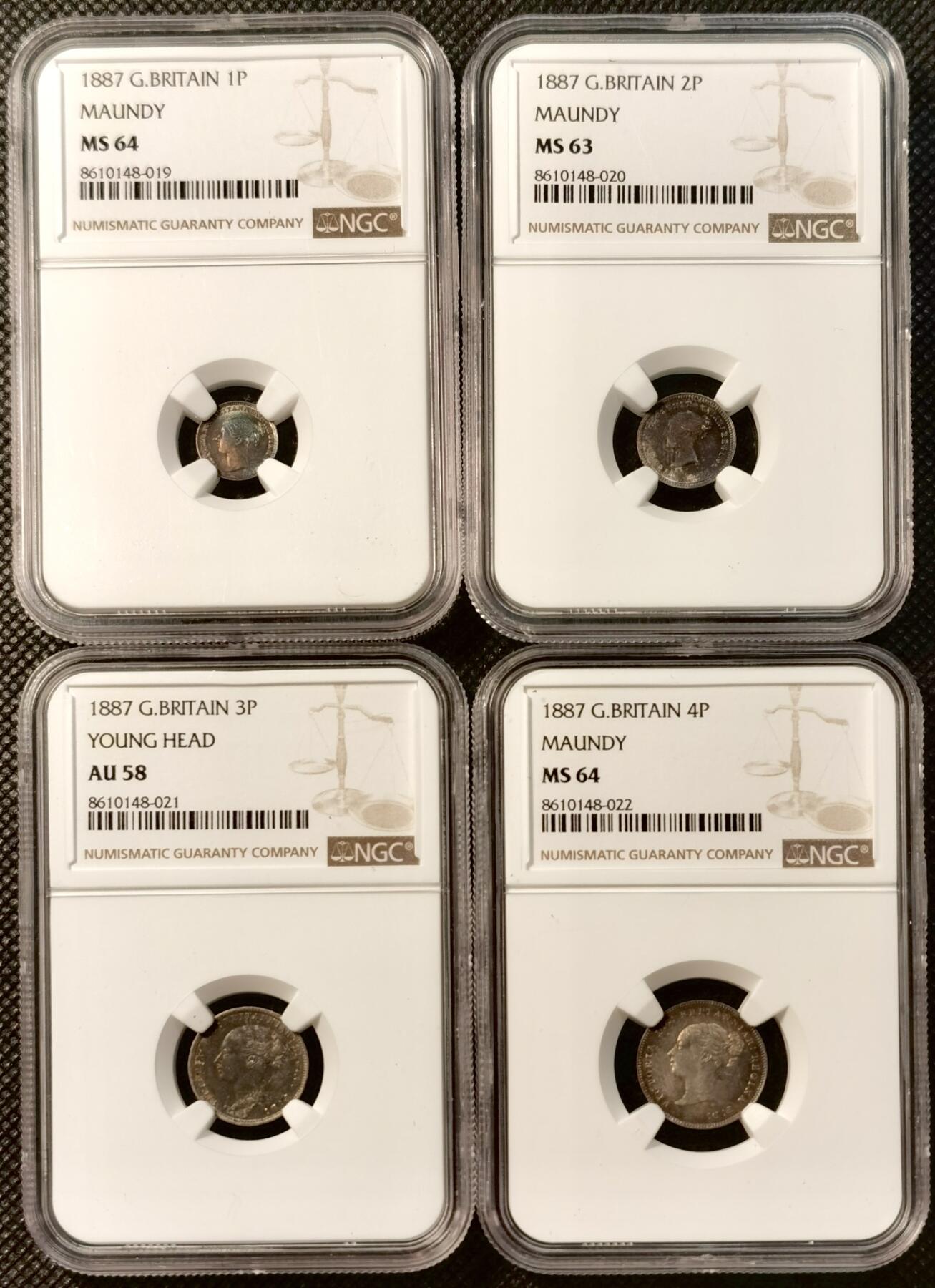 甄臻铺-世界币章拍卖（第38期）立冬小精品场，送拍享返佣金等优惠多多 NGC-MS64 AU58-MS64 1887年小维洗脚币，绚烂五彩，三便士包浆太厚低评