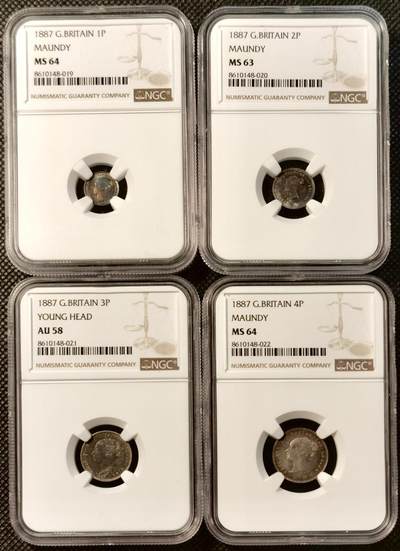 甄臻铺-世界币章拍卖（第38期）立冬小精品场，送拍享返佣金等优惠多多 - NGC-MS64 AU58-MS64 1887年小维洗脚币，绚烂五彩，三便士包浆太厚低评