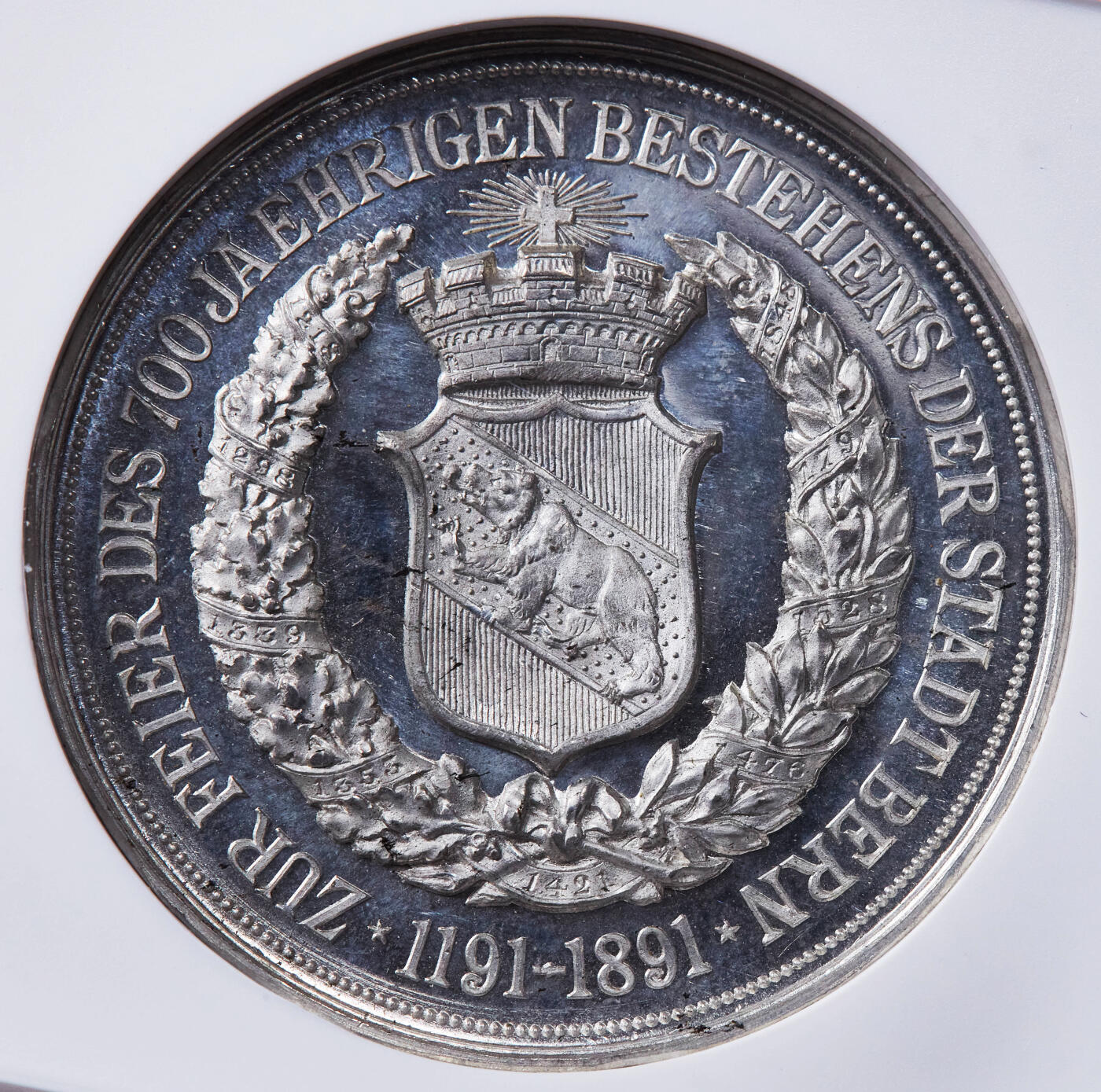 【俄甄集藏】2025年(044)11-12星期三晚 19:30 全场包邮 瑞士1891年纪念伯尔尼建城700周年白色金属纪念章，NGC MS63，高浮雕，底板凝霜，银章铜章居多，白色金属锌章极其少见，好品难得