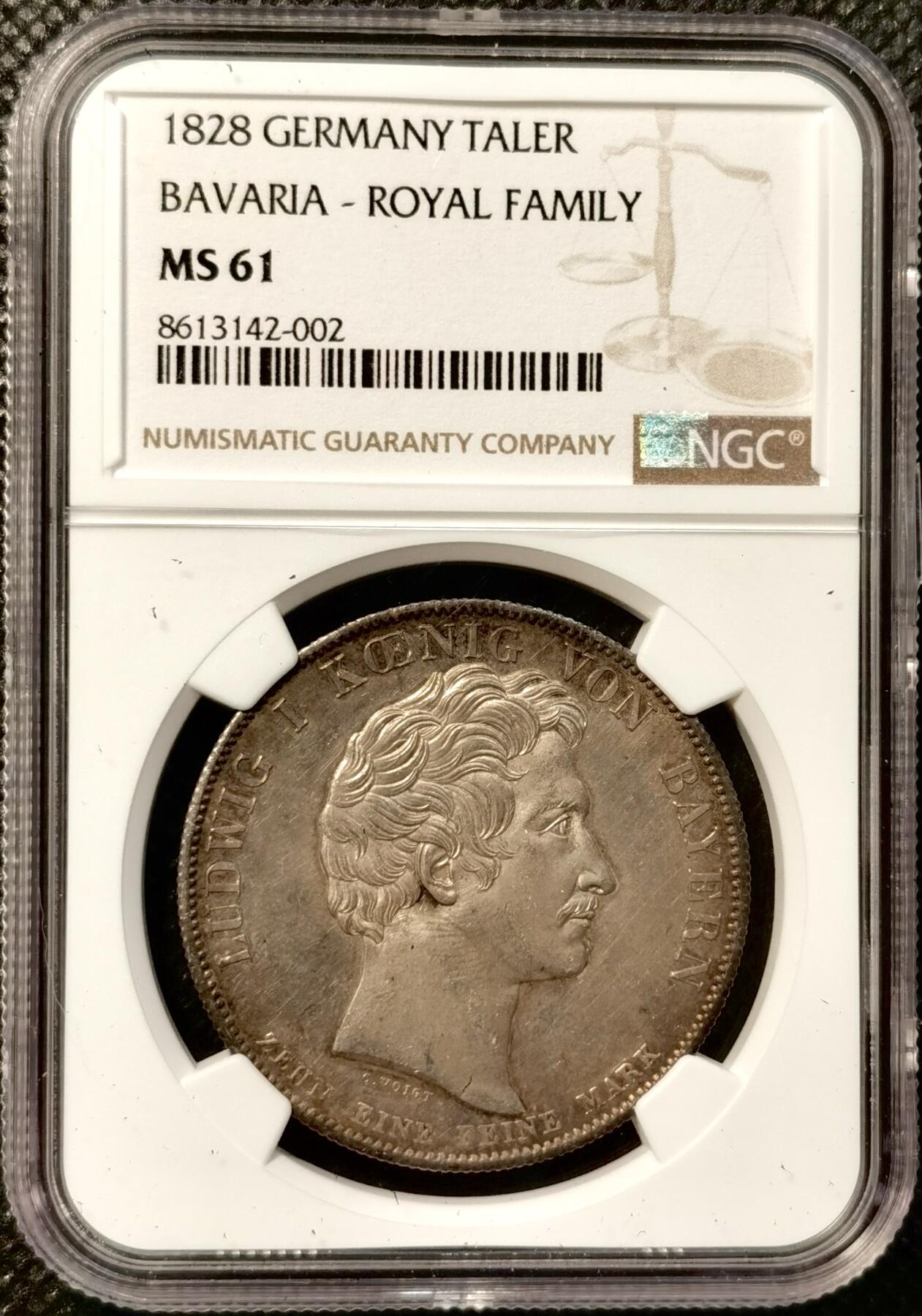 甄臻铺-世界币章拍卖（第38期）立冬小精品场，送拍享返佣金等优惠多多 NGC-MS61分1828年德国巴伐利亚路德维希一世皇家全家福历史泰勒大银币 粉彩包浆 外拍价格已经起飞