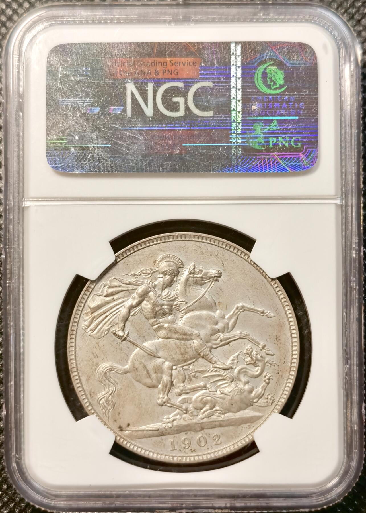 甄臻铺-世界币章拍卖（第38期）立冬小精品场，送拍享返佣金等优惠多多 NGC-PF65MATTE 1902年英国爱德华七世马剑1克朗大银币 精制MATTE 完美原盒状态 爱七克朗达到65的难度和64相比堪称两个世界