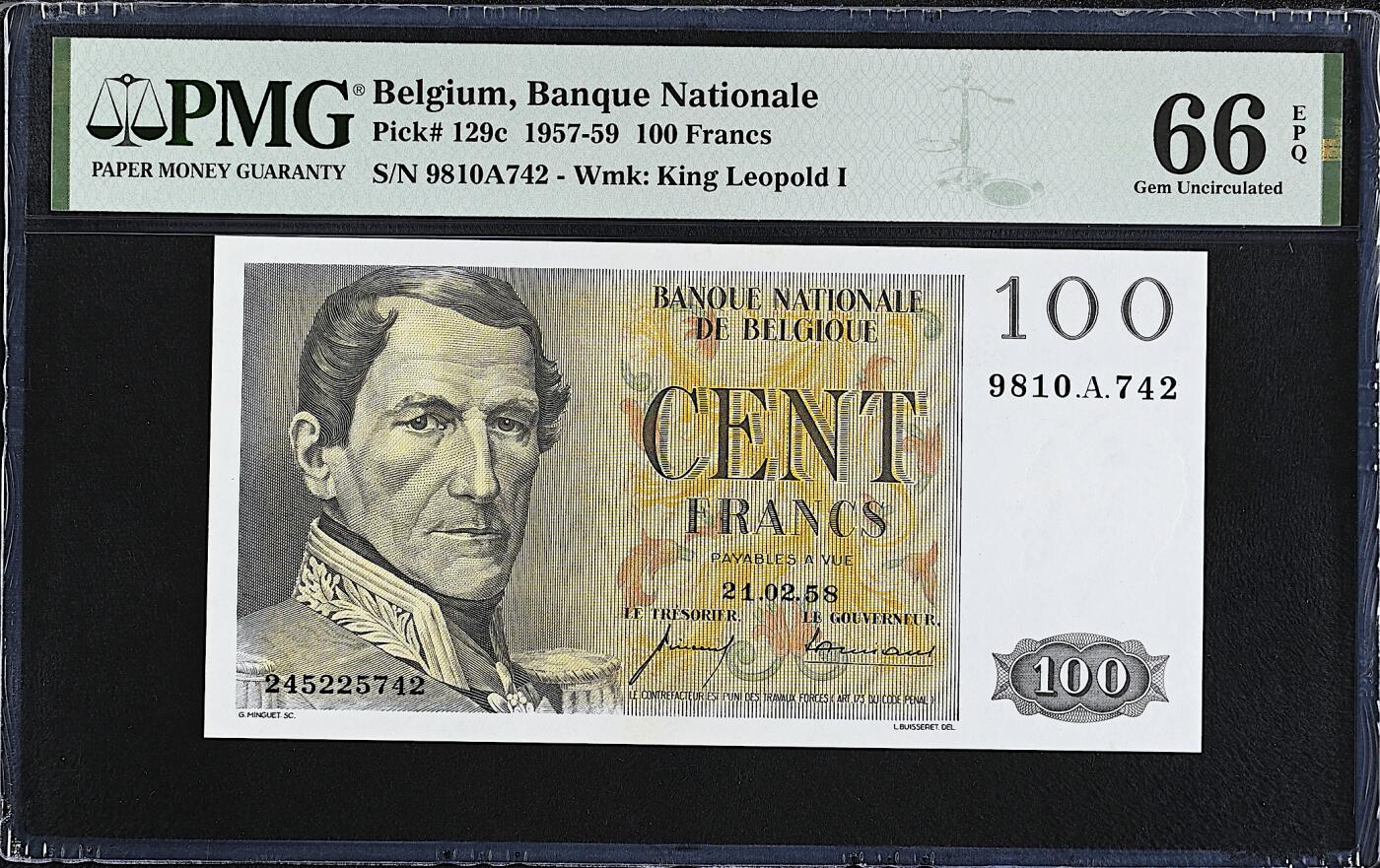 《艾美收藏》第219期-11.9周日外币畅拍场 比利时100法郎 PMG66E 1958年 比利时国王利奥波德二世