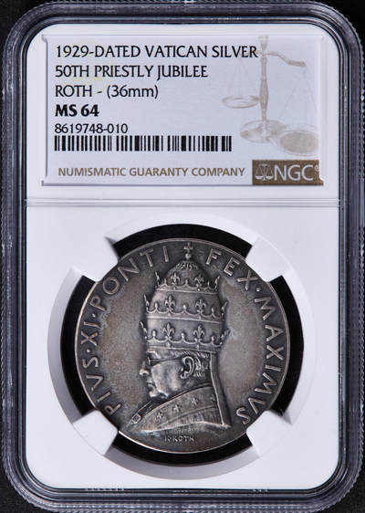 【俄甄集藏】2025年(044)11-12星期三晚 19:30 全场包邮 - 梵蒂冈1929年庇护十一世纪念梵蒂冈城国成立50周年银章，NGC MS64，黄油酱彩原味老包浆，味道佳，经典品种