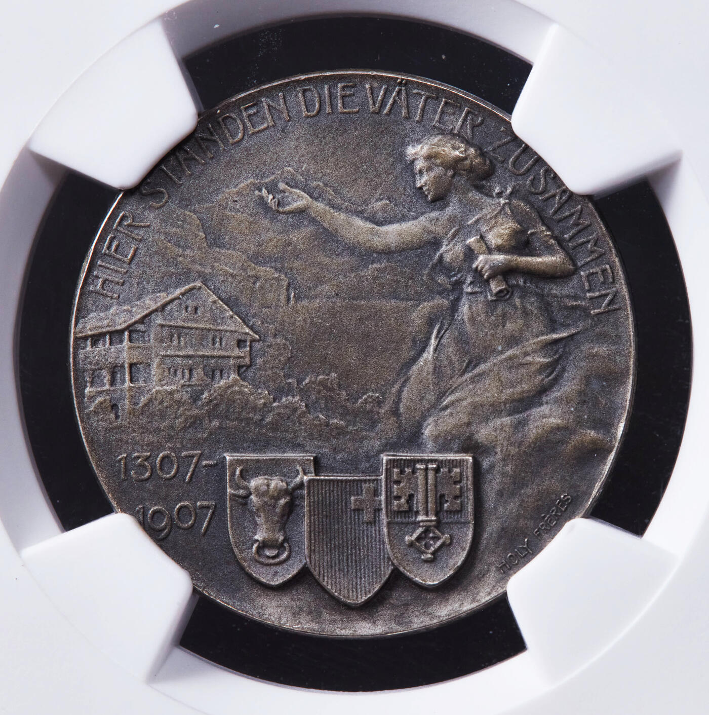 【俄甄集藏】2025年(044)11-12星期三晚 19:30 全场包邮 瑞士1907年纪念威廉·退尔在乌里抵抗奥地利哈布斯堡王朝胜利600周年银章，NGC MS64，酱彩包浆，磨砂底板