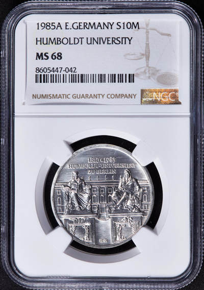 【俄甄集藏】2025年(044)11-12星期三晚 19:30 全场包邮 - 民主德国（东德）1985年A版纪念柏林洪堡大学成立175周年10马克银币，NGC MS68，唯一亚军，重17克，50%银，发行量51000枚，少见品种