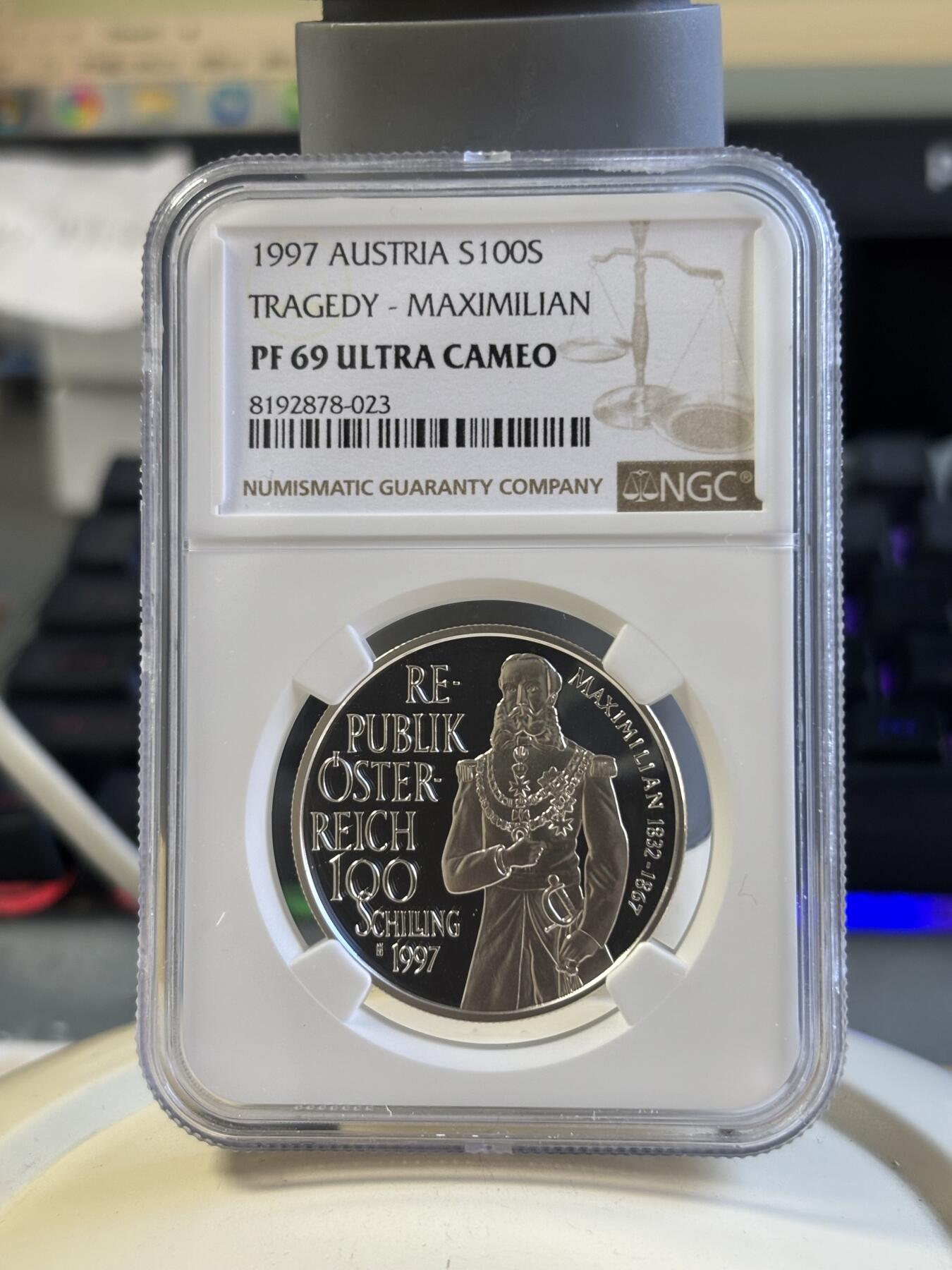第181期拍卖 获奖币 奥地利1997年 马克西米连一世皇帝精制纪念银币 NGC -PF69无盒无证书，20克，900银， 1999年克劳斯最佳银币