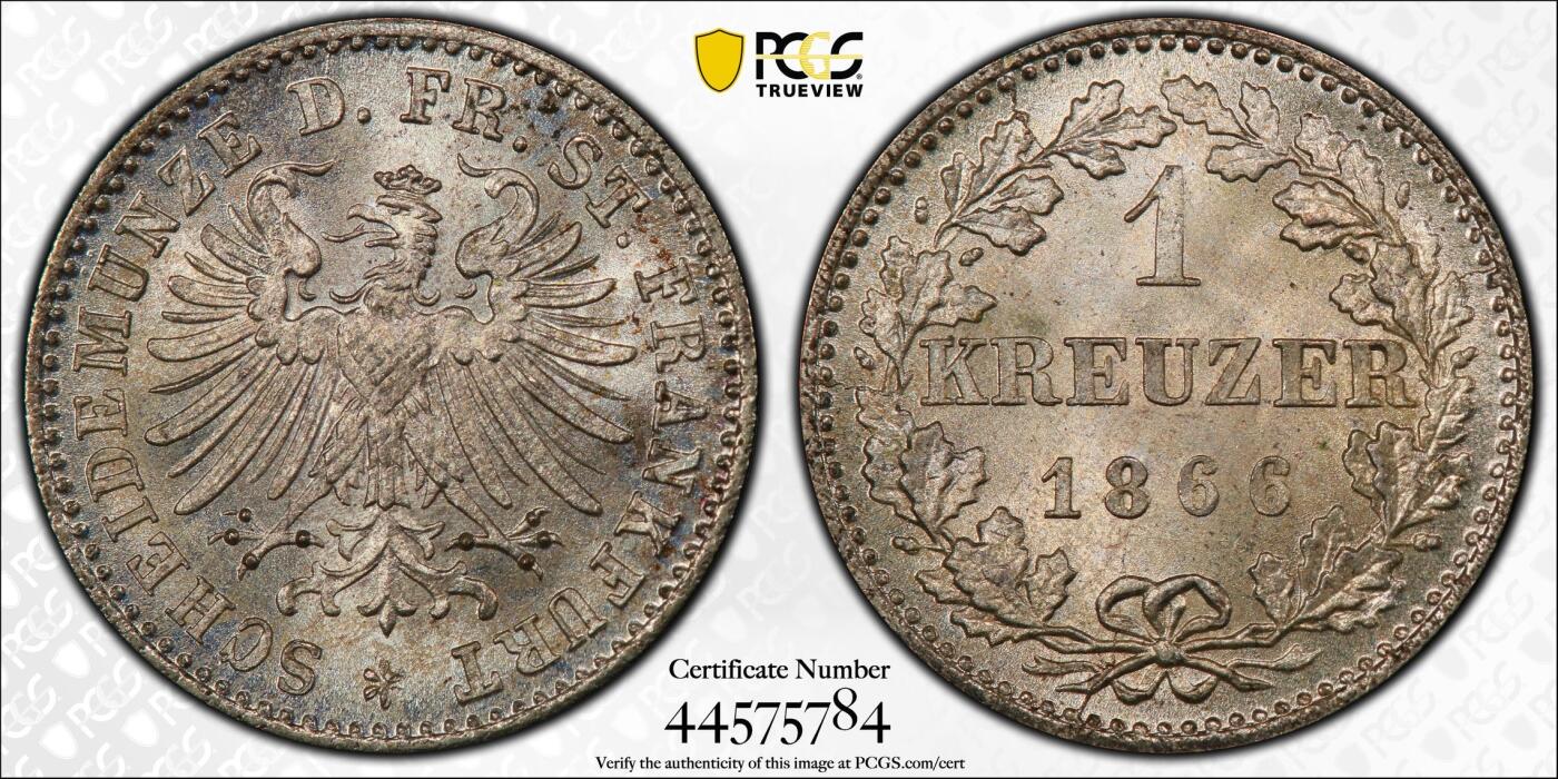 甄臻铺-世界币章拍卖（第38期）立冬小精品场，送拍享返佣金等优惠多多 NGC MS67 1866年德国法兰克福1克鲁泽银币。非常难得的高分，法兰克福经典双鹰徽章，底板如丝绸般细腻有光泽。无瑕疵的一枚精品。