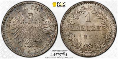 甄臻铺-世界币章拍卖（第38期）立冬小精品场，送拍享返佣金等优惠多多 - NGC MS67 1866年德国法兰克福1克鲁泽银币。非常难得的高分，法兰克福经典双鹰徽章，底板如丝绸般细腻有光泽。无瑕疵的一枚精品。