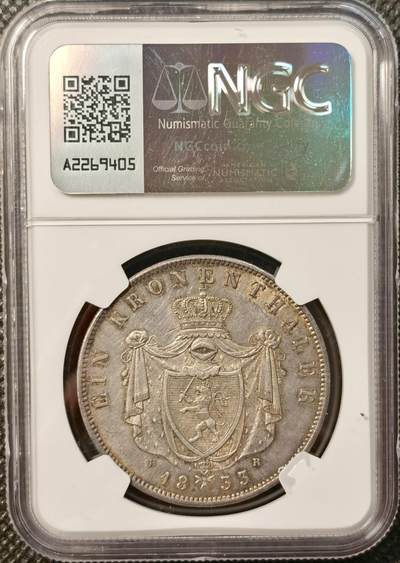 甄臻铺-世界币章拍卖（第38期）立冬小精品场，送拍享返佣金等优惠多多 NGC-UNCD 1833年黑森·达姆施塔特 路德维希二世泰勒银币 老包浆好状态 十字转光非常少见的品种 国内没有成交记录 外拍也寥寥无几 