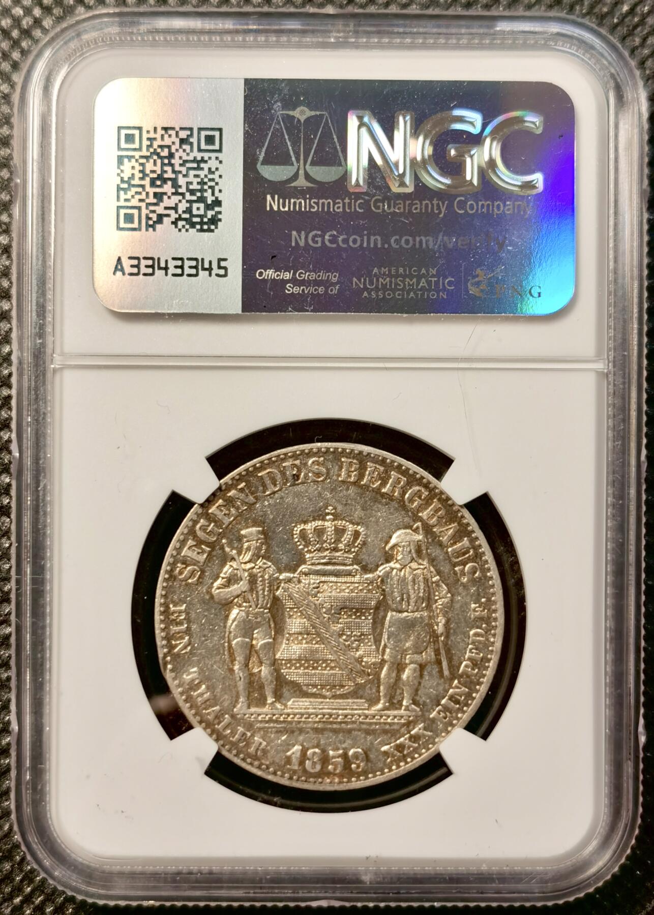 甄臻铺-世界币章拍卖（第38期）立冬小精品场，送拍享返佣金等优惠多多 NGC-AUD 德国1859年萨克森矿业流通1泰勒 矿工人物刻画细致完整