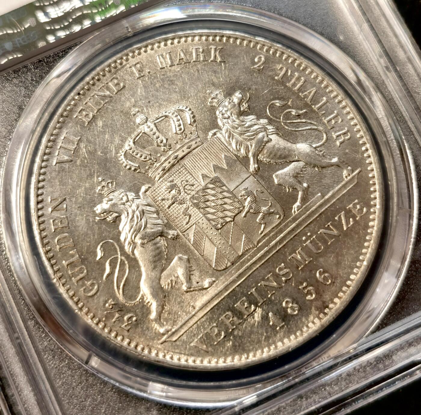 甄臻铺-世界币章拍卖（第38期）立冬小精品场，送拍享返佣金等优惠多多 PCGS MS61 1856年德国巴伐利亚马克西米利安二世双狮盾徽流通2泰勒 十字转光底板状态异常舒适