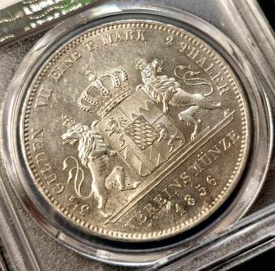 甄臻铺-世界币章拍卖（第38期）立冬小精品场，送拍享返佣金等优惠多多 PCGS MS61 1856年德国巴伐利亚马克西米利安二世双狮盾徽流通2泰勒 丝滑转光 镜面pl底板 状态异常舒适 更高分仅8枚